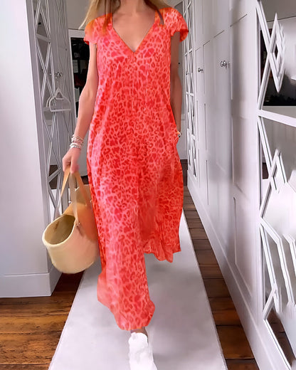 Véronique™ - Lång klänning med V-ringning och korta ärmar